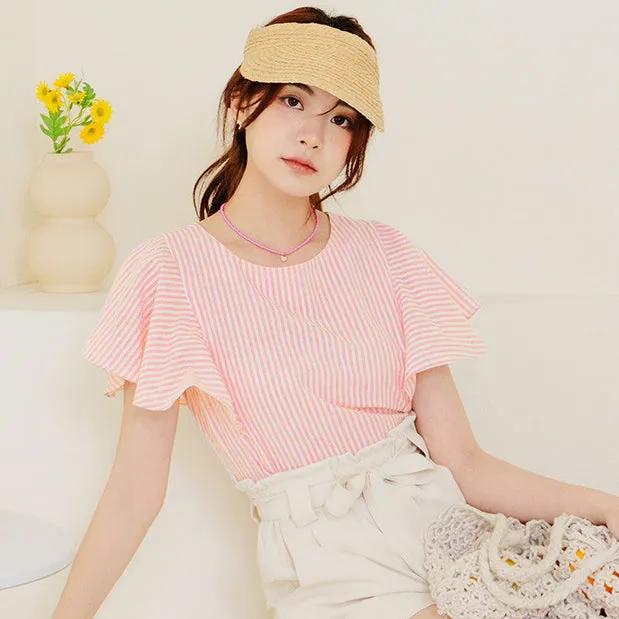 Casual Wrinkle Free Stripe Ruffle Sleeve Blouse Top