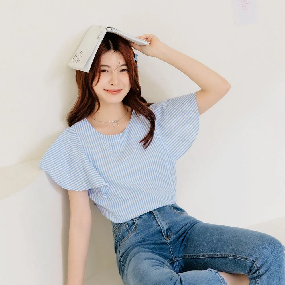 Casual Wrinkle Free Stripe Ruffle Sleeve Blouse Top