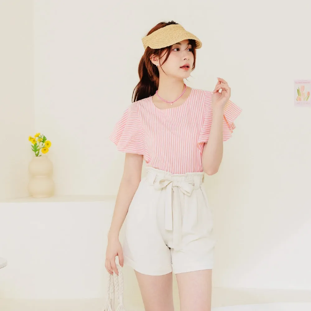Casual Wrinkle Free Stripe Ruffle Sleeve Blouse Top