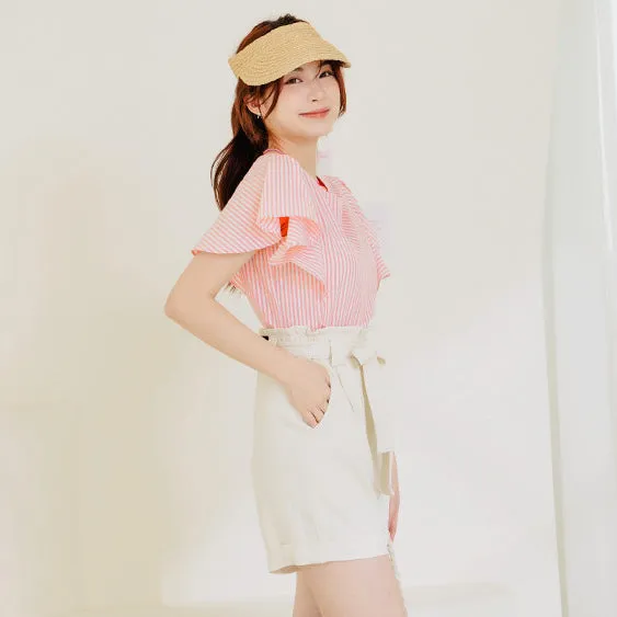 Casual Wrinkle Free Stripe Ruffle Sleeve Blouse Top