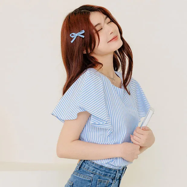 Casual Wrinkle Free Stripe Ruffle Sleeve Blouse Top