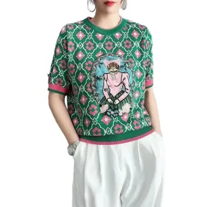 Cat Embroidered Crew Neck Sweater
