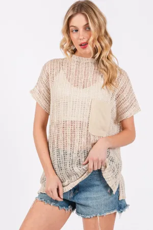 Ces Femme See Through Crochet Mock Neck Cover Up