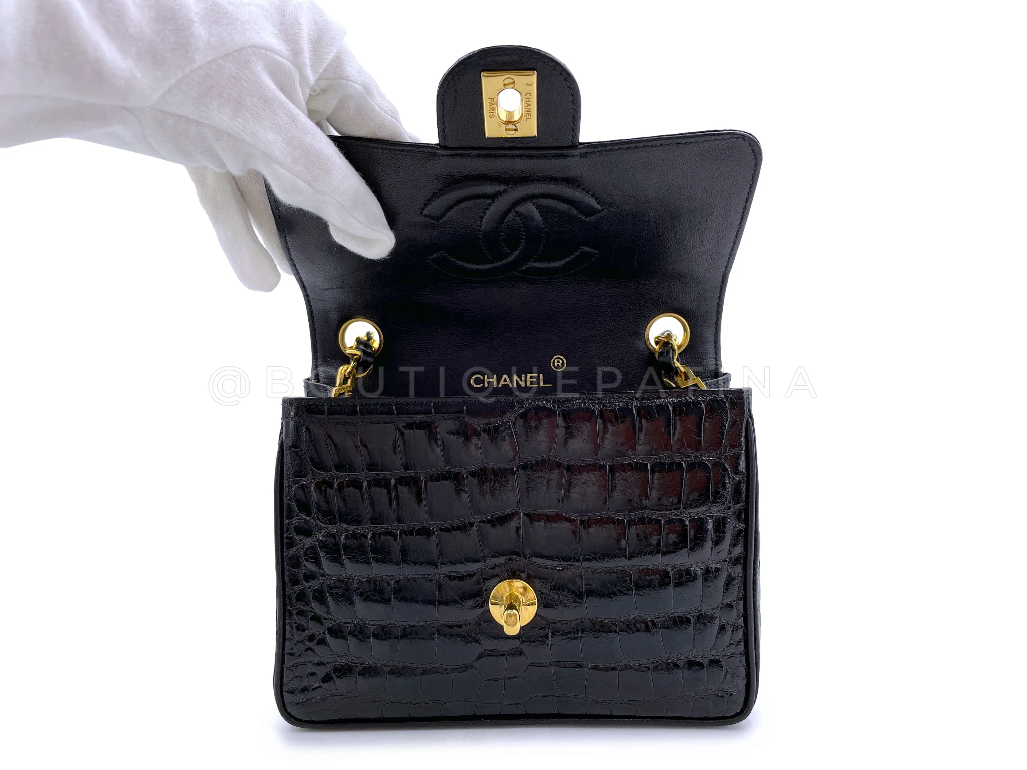 Chanel 1987 Vintage Black Alligator Crocodile Square Mini Flap Bag 24k GHW