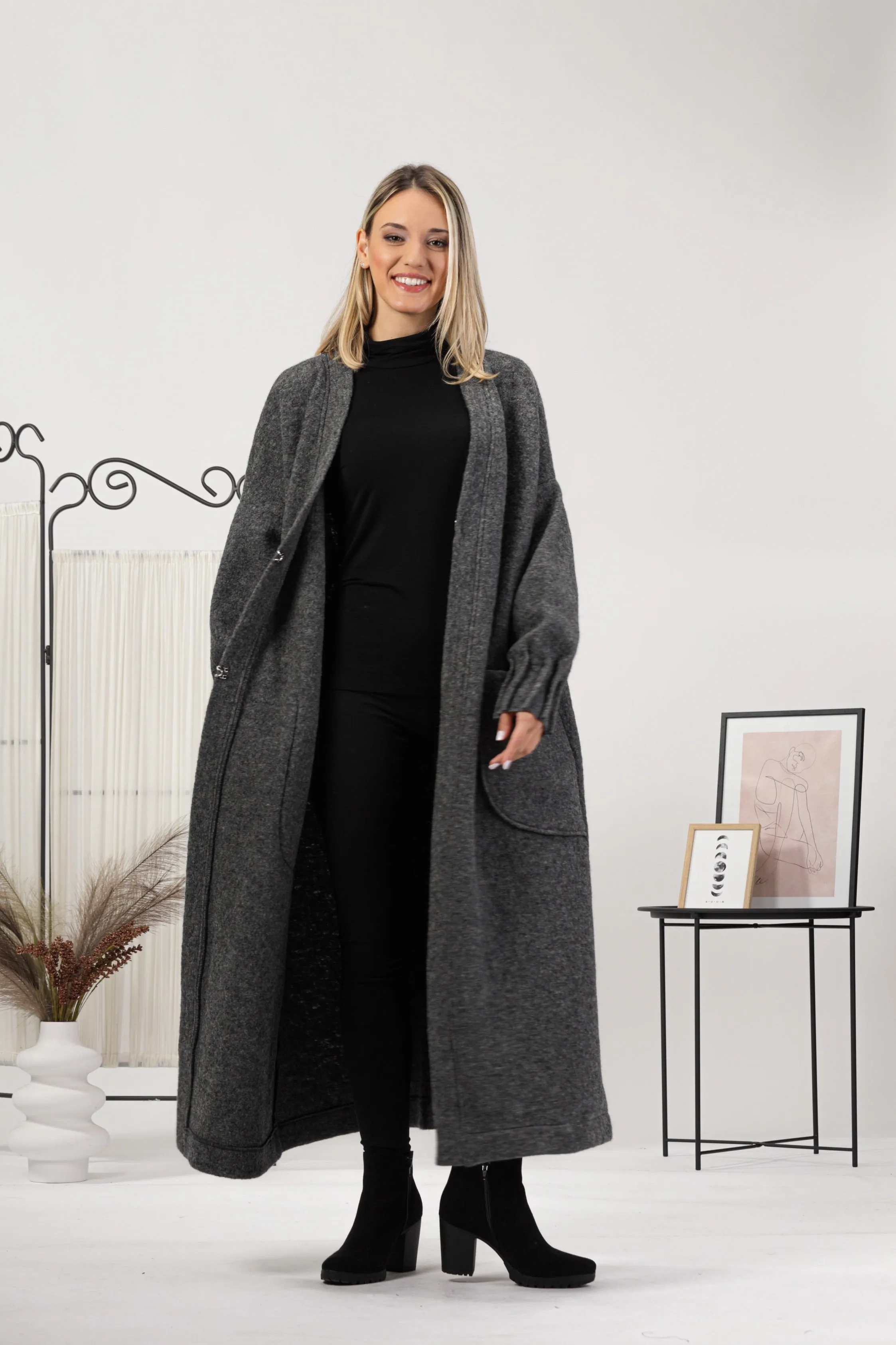 Charcoal Warm Wool Maxi Cardigan