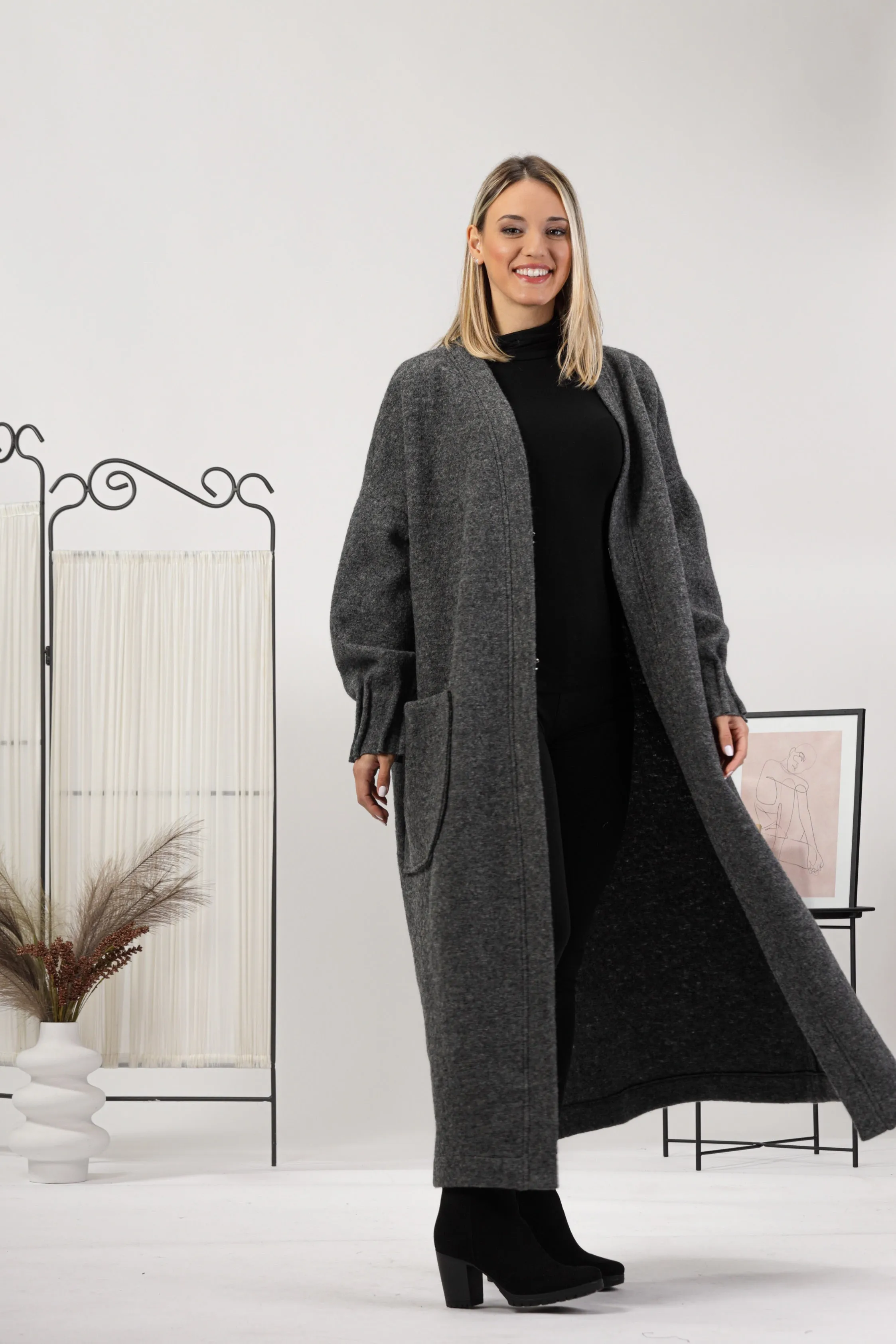 Charcoal Warm Wool Maxi Cardigan