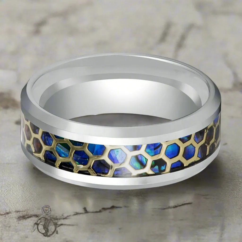 CHAZY | Silver Tungsten Ring, Honeycomb Abalone Inlay, Beveled Edge