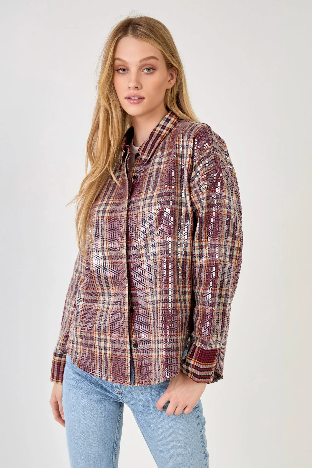 Check Patterned Sequin Shirt