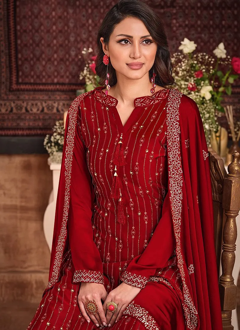 Cherry Red Sequins Embroidered Sharara Suit