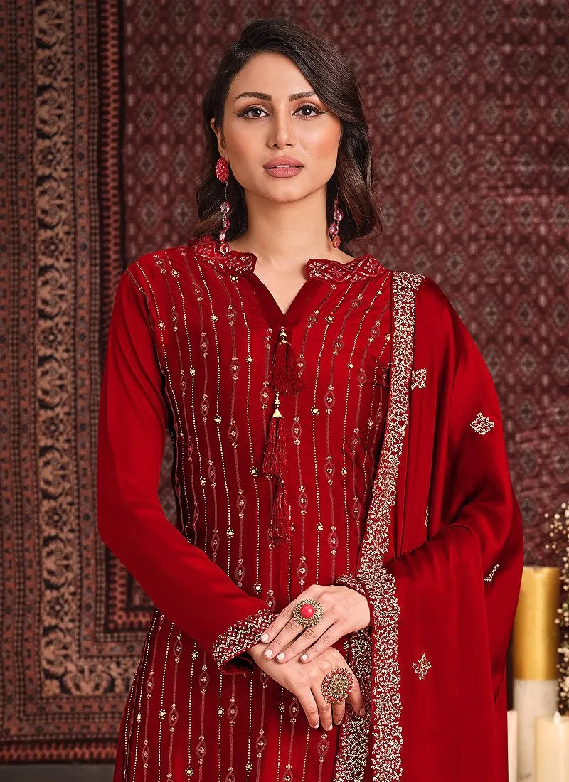 Cherry Red Sequins Embroidered Sharara Suit
