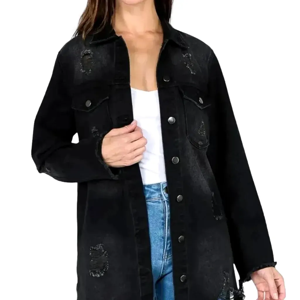 Chic frayed hem women's denim shirt