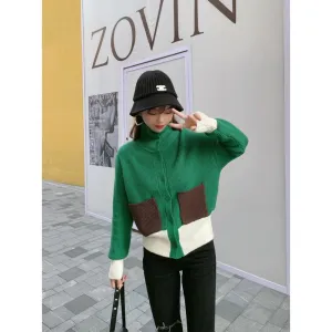 Chic High-Necked Color Blocking Niche Knitted Lazy Cardigan