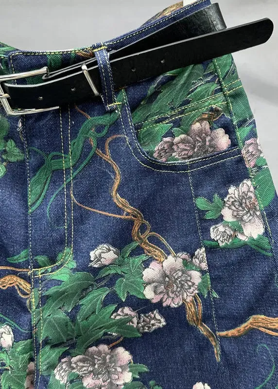 Chic Navy Pockets Floral Patchwork Denim Pants Fall ML0755