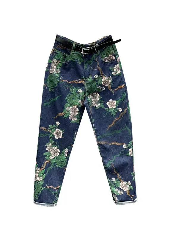 Chic Navy Pockets Floral Patchwork Denim Pants Fall ML0755