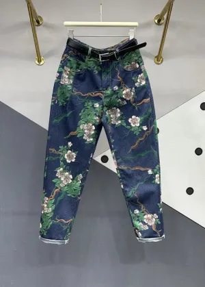 Chic Navy Pockets Floral Patchwork Denim Pants Fall ML0755