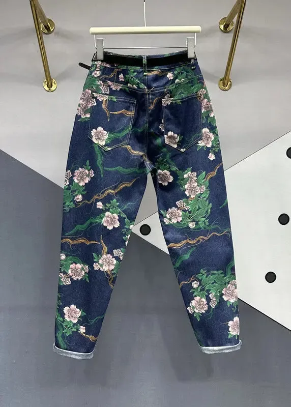 Chic Navy Pockets Floral Patchwork Denim Pants Fall ML0755