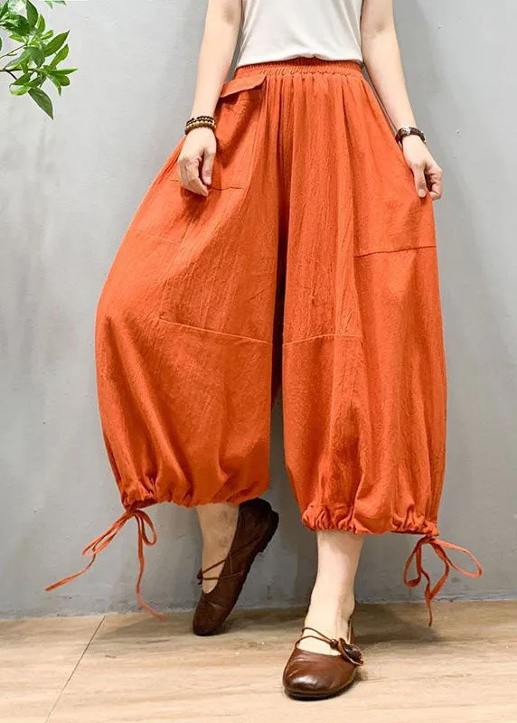 Chic Orange Wrinkled Drawstring Patchwork Linen Lantern Pants Summer LY0587