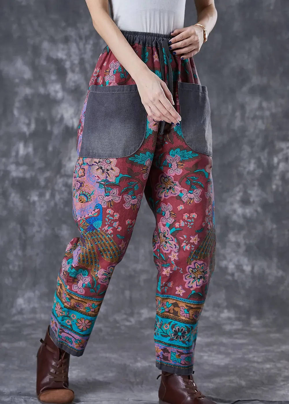 Chic Red Print Elastic Waist Patchwork Pockets Cotton Harem Pants Fall ML2981