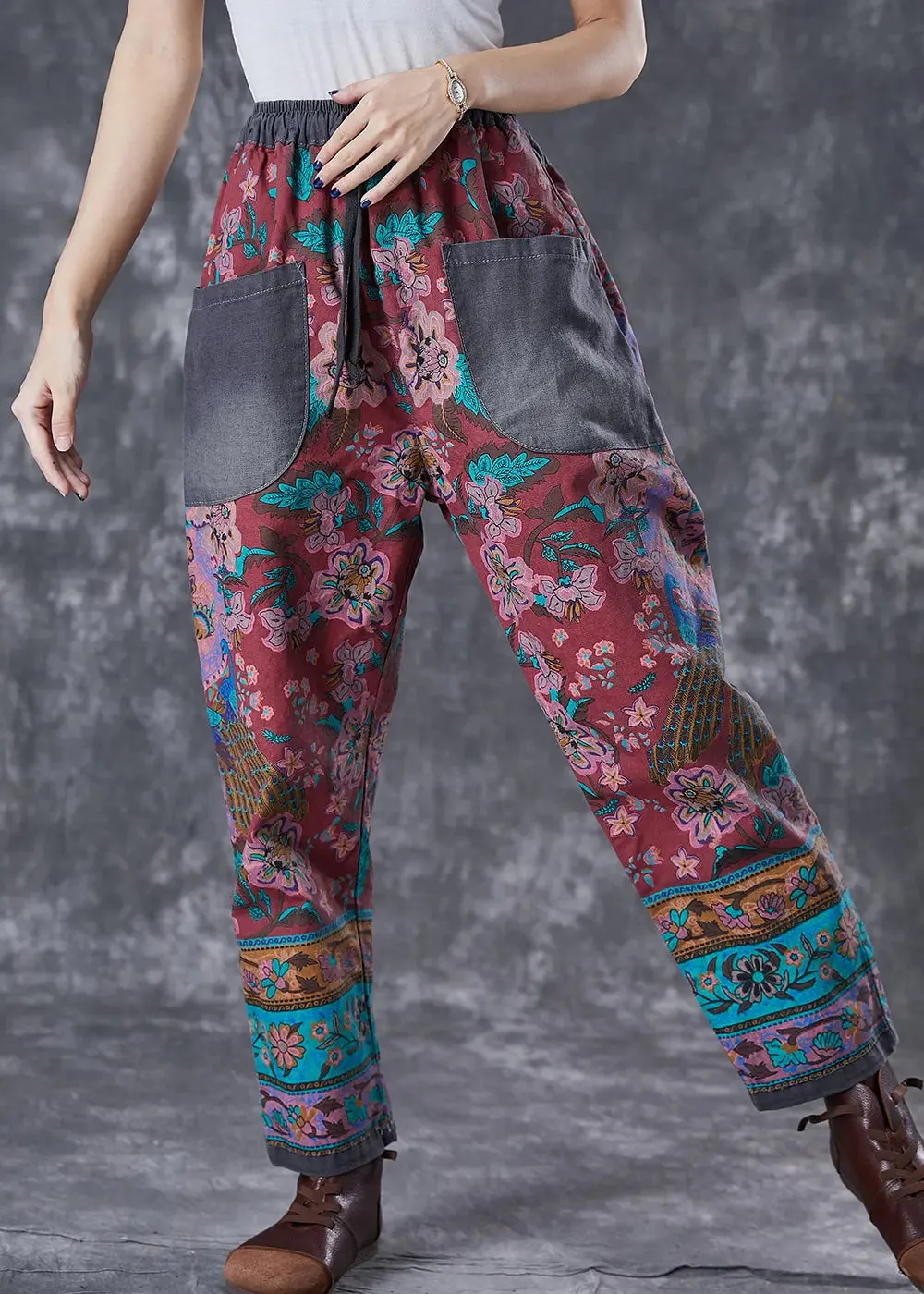 Chic Red Print Elastic Waist Patchwork Pockets Cotton Harem Pants Fall ML2981