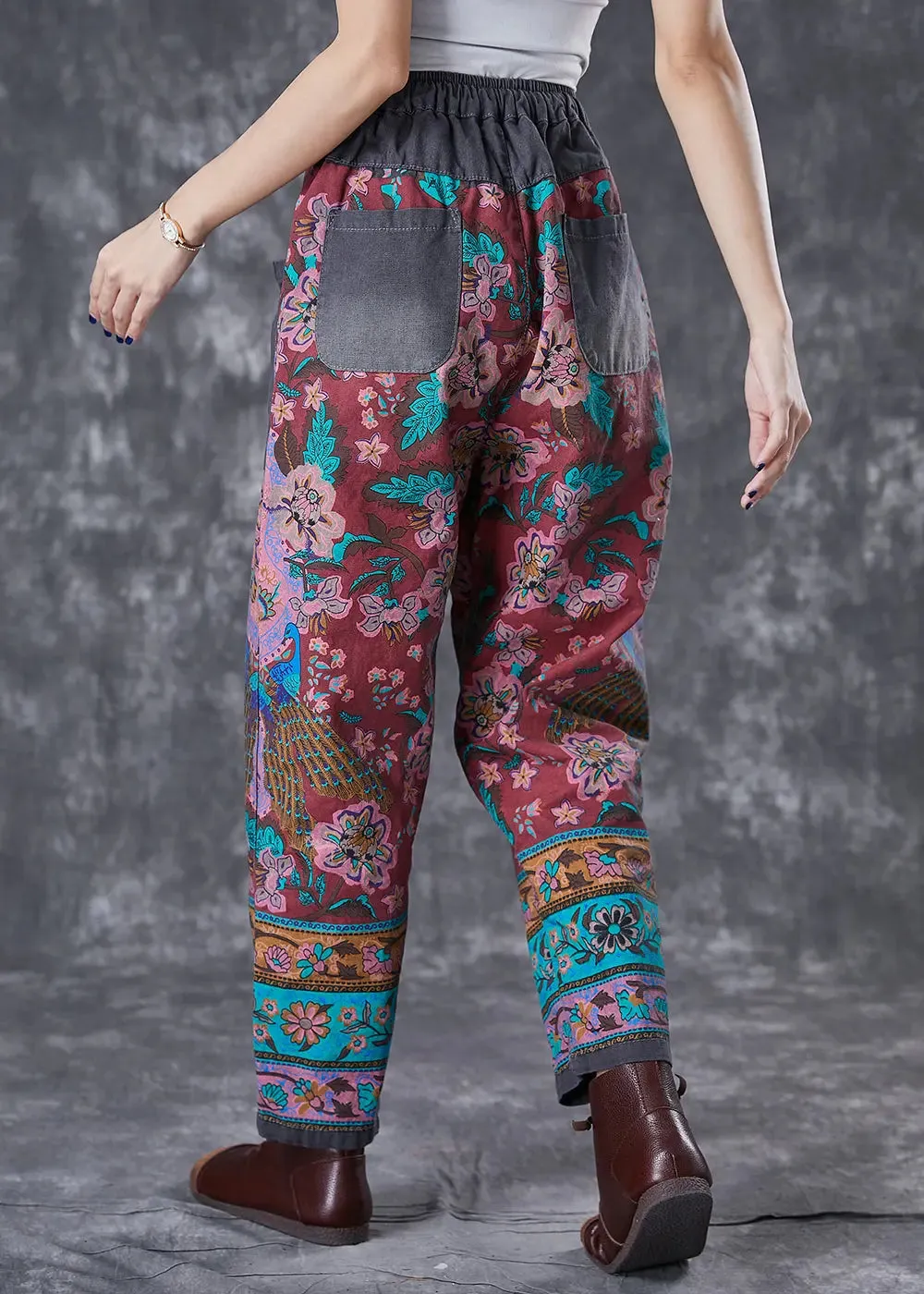 Chic Red Print Elastic Waist Patchwork Pockets Cotton Harem Pants Fall ML2981