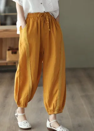 Chic Yellow Pockets Patchwork Linen Harem Pants Summer LY0228
