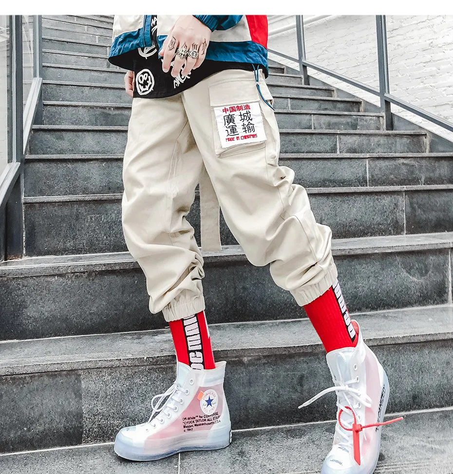 Chinese Letter Embroidery Dangling Ribbon Men Casual Streetwear Pants