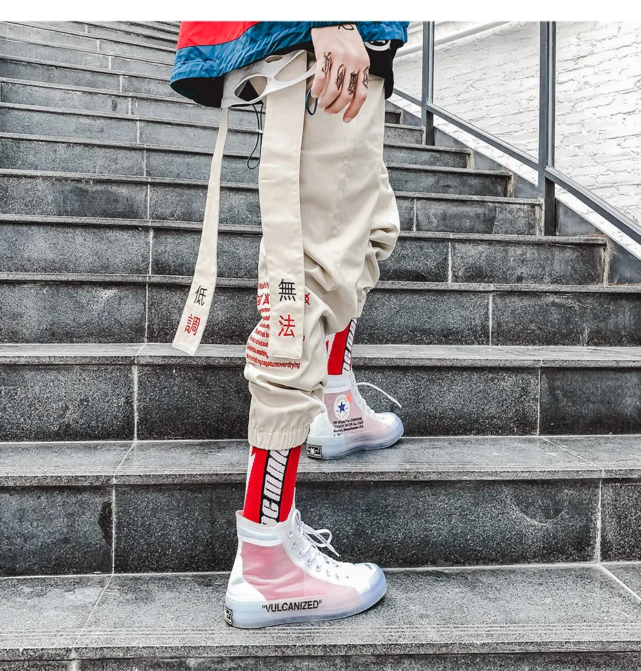 Chinese Letter Embroidery Dangling Ribbon Men Casual Streetwear Pants