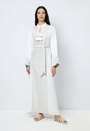 Choice Embroidered Print Dress With Tassel Offwhite