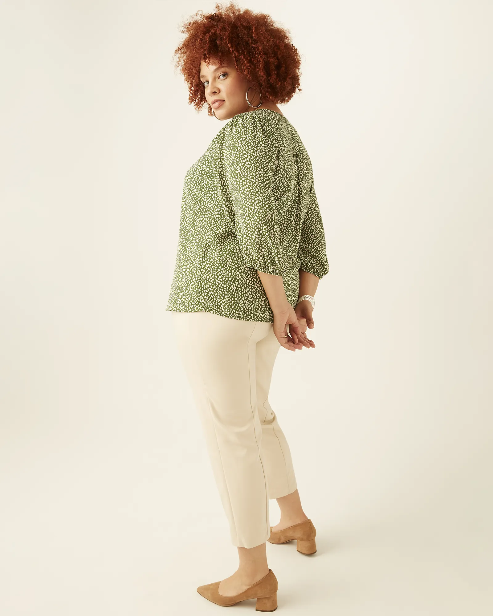Christine Three-Quarter Sleeve Peasant Top | Olive Green / Ivory
