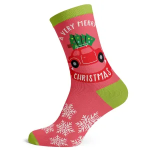Christmas Banner Red Car And Tree Socks