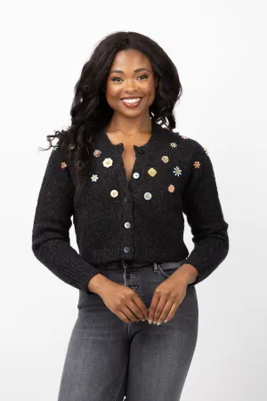 Cinq a Sept Millie Clustered Enamel Flower Cropped Cardigan in Charcoal