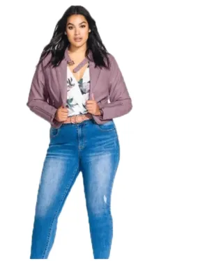 City Chic Women's Trendy Plus Cropped Faux Leather Moto Jacket Rosewood Size 14W | Pink