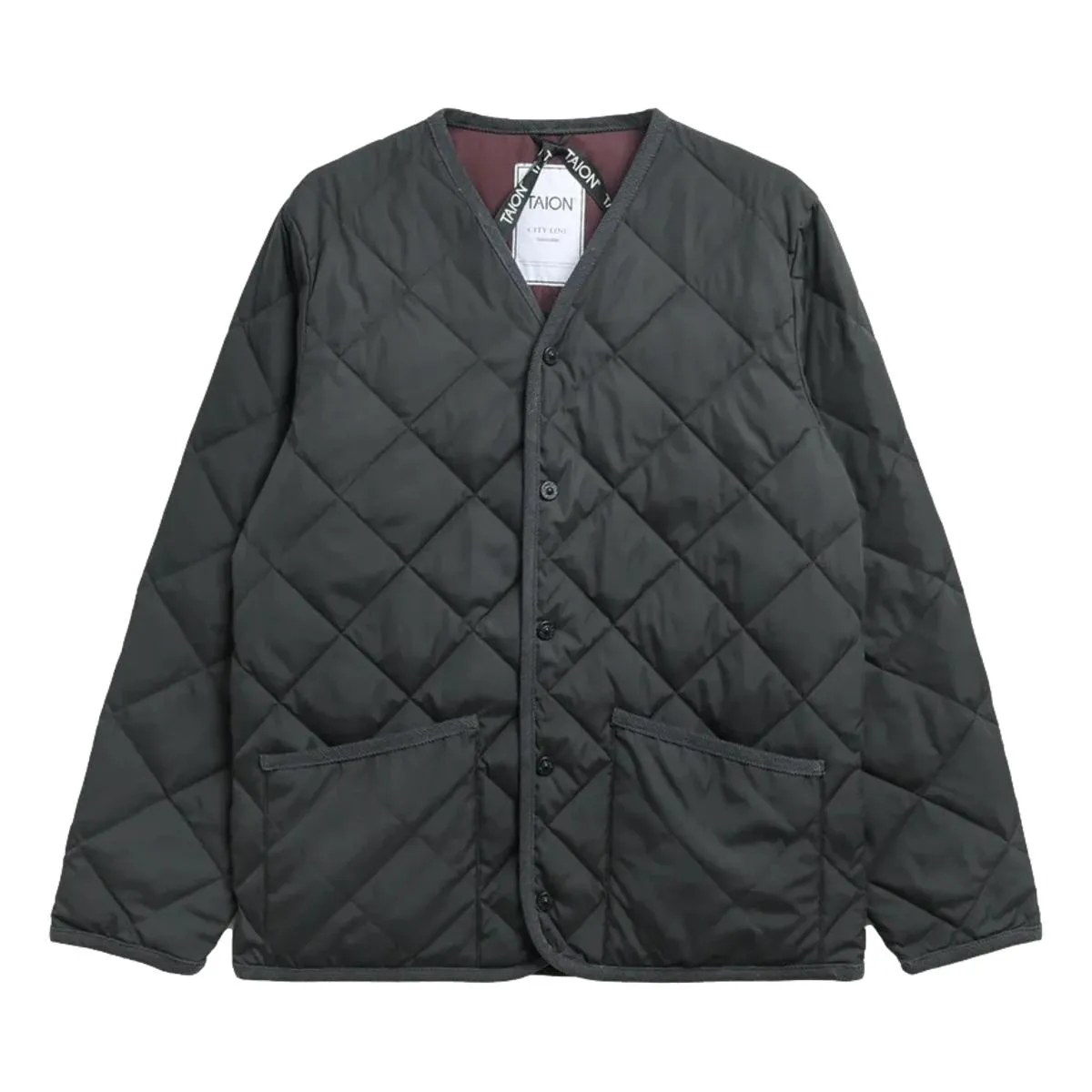 City Piping V-Neck Down Cardigan Charcoal