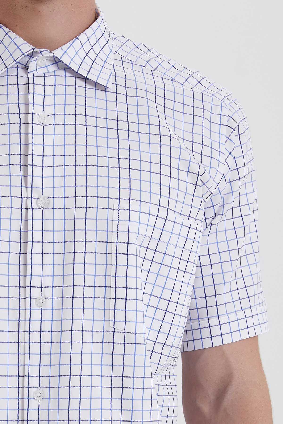 Classic Fit Windowspane Plaid Cotton Navy Dress Shirt