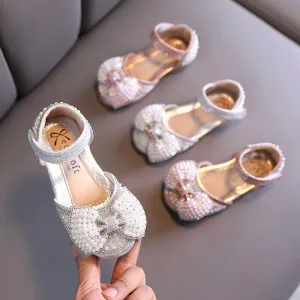 Classic Pearl Bow Design for Little Girls Elegant Beaded Adorable Girl's Shoes Shiny and Comfortable All-Match Shoes for Girls