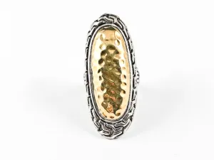 Classic Textured Long Slender Shape 2 Tone Tribal Accent Silver Ring