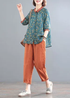 Classy Blue Tops And Orange Pants Linen Two Pieces Set Summer LY2916