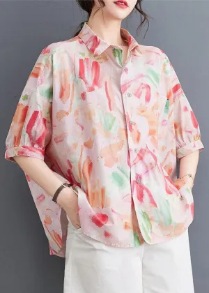 Classy Pink Peter Pan Collar Print Patchwork Cotton Shirts Summer LY5310