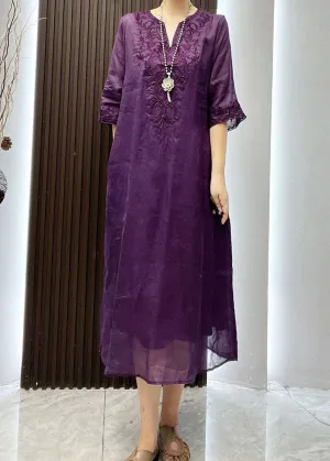 Classy Purple Embroideried Patchwork Linen Dress Two Pieces Set Summer LY4638