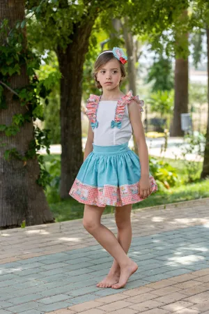 CLEARANCE SALE - Abuela Tata SS24 - Girls Turquoise & White Skirt & Blouse Set 352