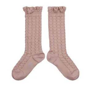 Collegien Coralie Textured Check Knee Socks w/ Lace Trim | Vieux Rose