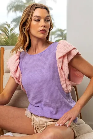 Color block pink and Purple Short Sleeve Shirt Women's Fashion  Waffle-Knit Ruffled Cap Sleeve Blouse