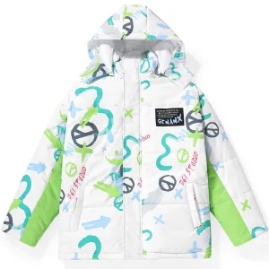 Color Block Print Padded Coat With Removable Hooded