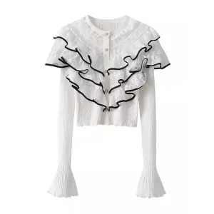 Colorblock Patchwork Ruffles Slimming Knitting Sweaters For Women Round Neck Long Sleeve Elegant Sweater Female
