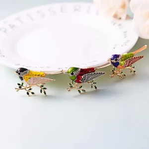 Colorful Enamel Bird With Rhinestone Leaves Brooch Pins
