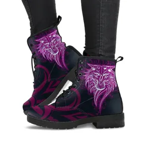 Combat Boots for Women - Tribal Wolf | Unique Custom Faux Leather Shoes, Cruelty-free Vegan Handmade Lace Up