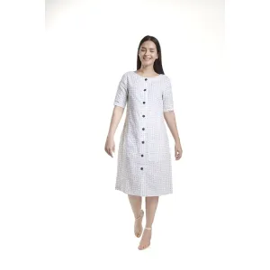 Comfortable Off white with blue print Cotton Linen Dress