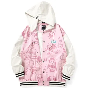 Comic Alien And Spaceship Print Couple Hooded Jacket