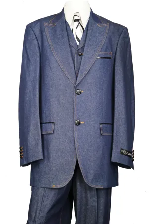 Contemporary Tri Pocket Stitch Accent Denim 3pc Zoot Suit Set - Navy