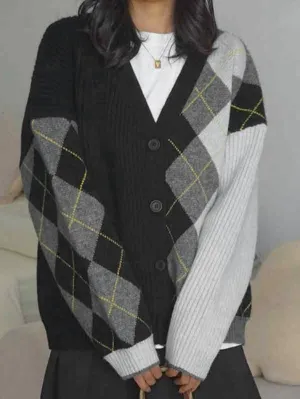Contrast Color Plaid Patchwork Cardigan